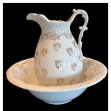 P - Vintage Homer Laughlin Pitcher and Basin Set with Gold Floral Design
