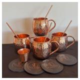 P - Set of 4 Copper Moscow Mule Mugs with Straws and Coasters