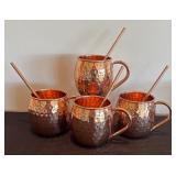 P - Set of 4 Copper Moscow Mule Mugs with Straws and Coasters