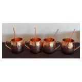 P - Set of 4 Copper Moscow Mule Mugs with Straws and Coasters