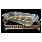 DR - Set of 2 Vintage Pyrex Glass Baking Dishes with Ornate Silver-Tone Holders