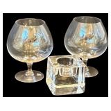 DR - Orrefors Sweden Brandy Glass Pair and Glass Votive Candle Holder