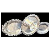 DR - Set of 3 Vintage Silver Tone Platters with Ornate Designs and Dipping Dish