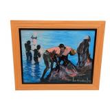 LL - Ken Abendana Spencer Framed Fishing Scene Original Painting