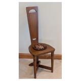 O - Vintage Oak Hall Chair with Tall Back and Floral Needlepoint Seat