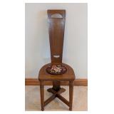 O - Vintage Oak Hall Chair with Tall Back and Floral Needlepoint Seat