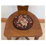 O - Vintage Oak Hall Chair with Tall Back and Floral Needlepoint Seat