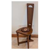 O - Vintage Oak Hall Chair with Tall Back and Floral Needlepoint Seat