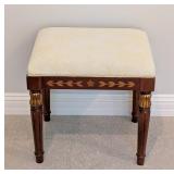 UL - Vintage Upholstered Wood Bench with Decorative Inlay and Gold Accents
