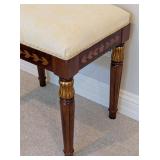 UL - Vintage Upholstered Wood Bench with Decorative Inlay and Gold Accents