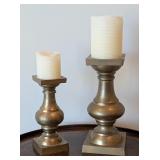 MB - Pair of Heavy Brass Candle Holders with Beeswax Candles, 12.5 Inch Tallest
