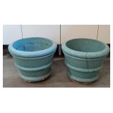 G - Pair of Large Blue Ceramic Planters with Cracks and Damage