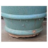 G - Pair of Large Blue Ceramic Planters with Cracks and Damage