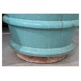 G - Pair of Large Blue Ceramic Planters with Cracks and Damage