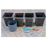 G - Set of 4 Tall Square Plastic Planters, 1 Round Pot, and 3 Hand Garden Tools