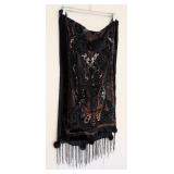 UL - Velvet Wrap with Beaded Fringe and Faux Fur Pom Details