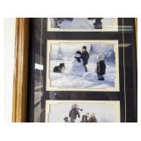 Framed Triple Winter Scene Print with Children Playing in Snow 24x14