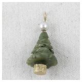 14K Gold and Jade Christmas Tree Pendant with Pearl Accent