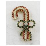 Rhinestone Candy Cane Brooch with Green Bow