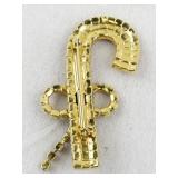 Rhinestone Candy Cane Brooch with Green Bow