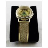 Gold Tone Holiday Wristwatch with Glitter Strap and Tree Dial -Working
