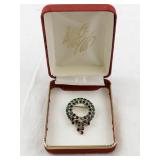 Vintage Wreath Brooch with Green and Red Stones in Presentation Box