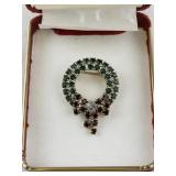 Vintage Wreath Brooch with Green and Red Stones in Presentation Box