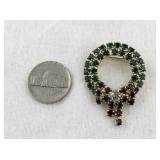 Vintage Wreath Brooch with Green and Red Stones in Presentation Box