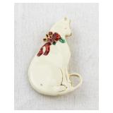 Vintage Cat Brooch with Enamel and Festive Bow