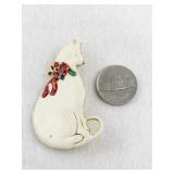 Vintage Cat Brooch with Enamel and Festive Bow