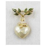 Joan Rivers Gold-Tone Heart Brooch with Faux Pearl and Green Enamel Leaves