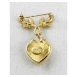 Joan Rivers Gold-Tone Heart Brooch with Faux Pearl and Green Enamel Leaves