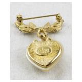 Joan Rivers Gold-Tone Heart Brooch with Faux Pearl and Green Enamel Leaves