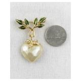 Joan Rivers Gold-Tone Heart Brooch with Faux Pearl and Green Enamel Leaves