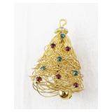 Vintage Gold Tone Christmas Tree Brooch with Colored Rhinestones