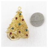 Vintage Gold Tone Christmas Tree Brooch with Colored Rhinestones