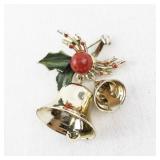 Vintage Holiday Bell Pin with Red Berry and Holly Design