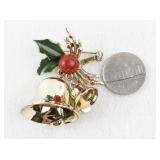 Vintage Holiday Bell Pin with Red Berry and Holly Design