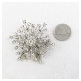 Rhinestone Starburst Snowflake Brooch Pin Silver Tone