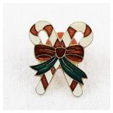 Vintage Candy Cane Enamel Lapel Pin with Bow