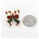 Vintage Candy Cane Enamel Lapel Pin with Bow