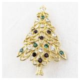 Vintage Gold Tone Christmas Tree Rhinestone Brooch Pin