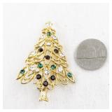 Vintage Gold Tone Christmas Tree Rhinestone Brooch Pin