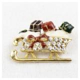 Holiday Sleigh Brooch with Rhinestones and Gift Accents