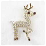 Sparkling Rhinestone Reindeer Holiday Brooch Pin