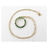 Gold Tone Necklace with Green Gemstone Circle Wreath Pendant