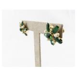 Vintage Green Rhinestone and Faux Pearl Screwback Earrings