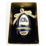 Mr. Christmas Blue Porcelain Hinged Egg Ornament with Church Scene