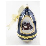 Mr. Christmas Blue Porcelain Hinged Egg Ornament with Church Scene