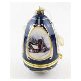 Mr. Christmas Blue Porcelain Hinged Egg Ornament with Church Scene